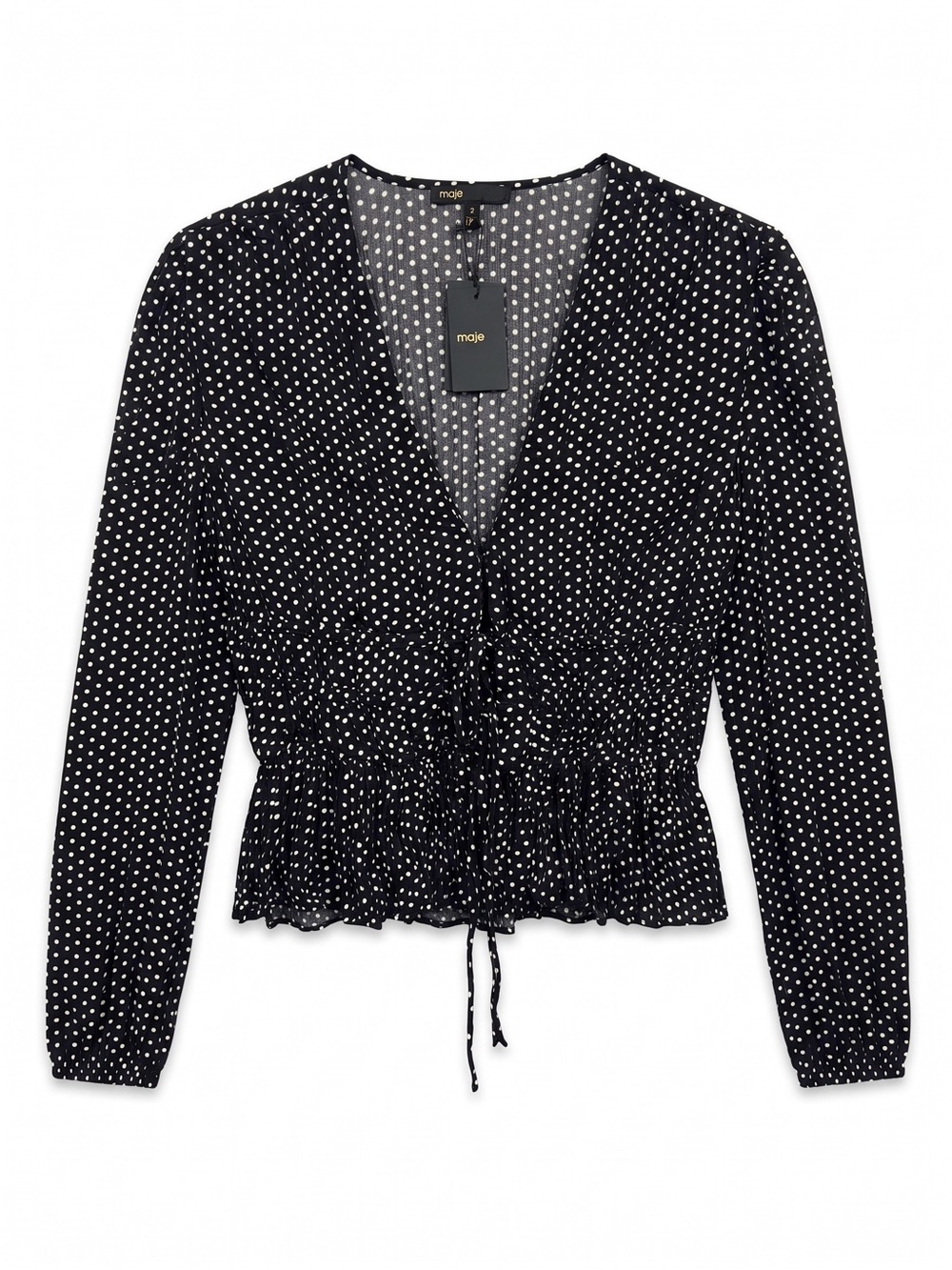 Maje Black and White Polka Dot V-Neck Drawstring Peplum Blouse
